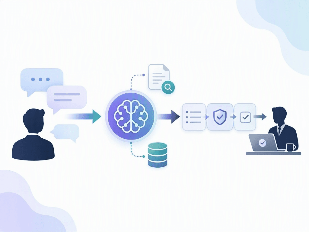 A chatbot receives requests, an AI agent connects to data, and a workflow routes actions for human approval.